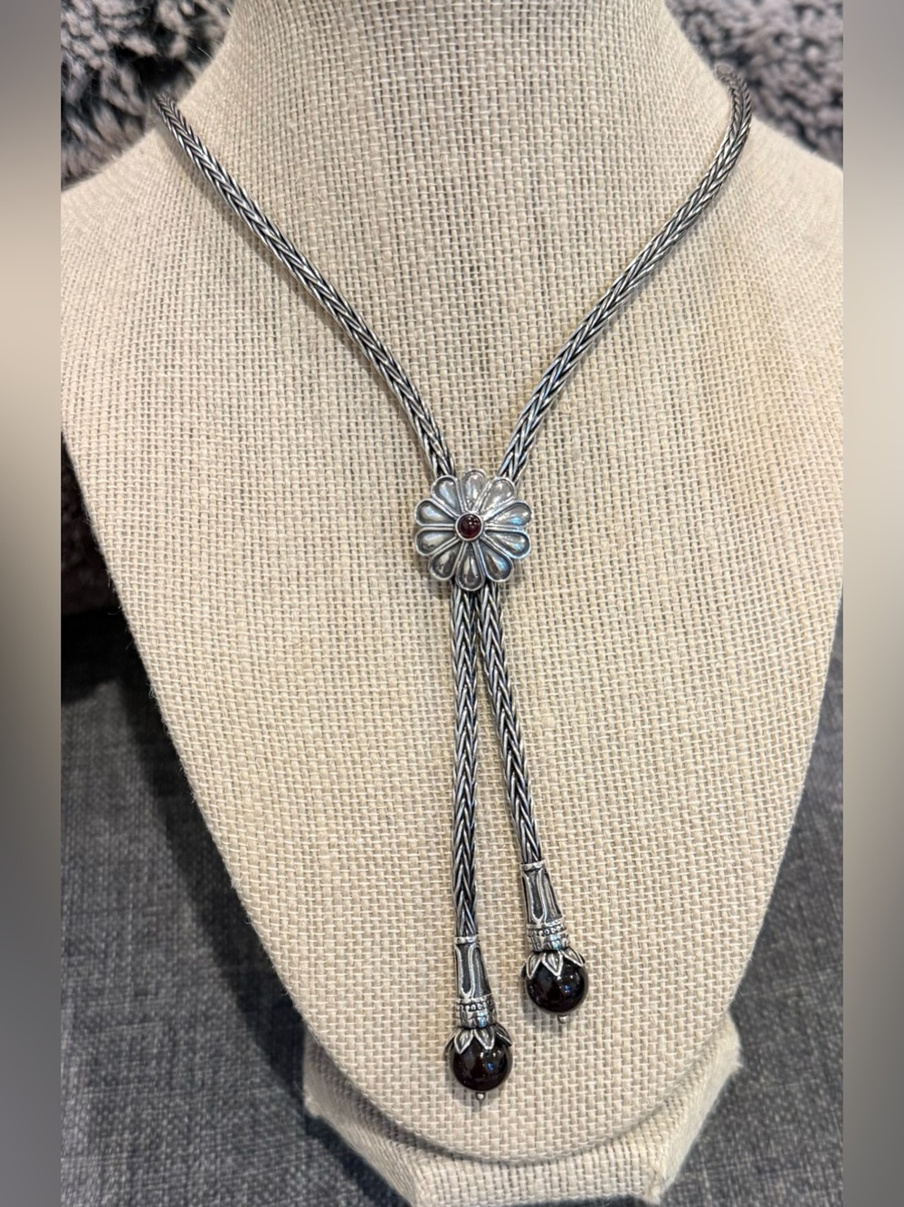 Sterling Silver Garnet Bolo Tie Flower Lariat Tassel Southwestern Necklace
